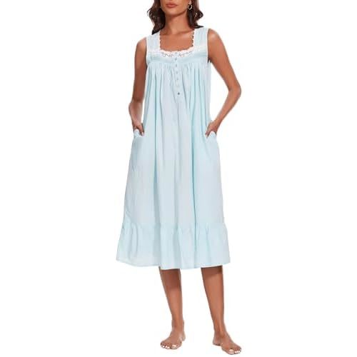 AVIIER 100% Cotton Nightgowns for Women Sleeveless Sleep Dress Ladies Gowns Sleepwear with Pockets
