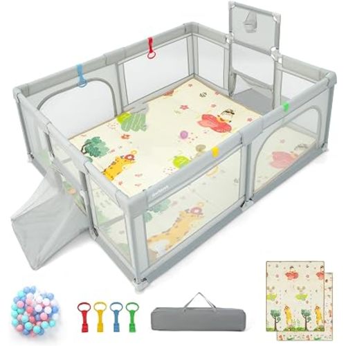 INFANS Baby Playpen, 74” x 62” Extra Large Baby Play Yard with Crawling Mat, 50 Ocean Balls, 4 Pill Up Rings, Basketball Hoop and 2 Football Gates, Activity Center for Toddlers (Light Gray)