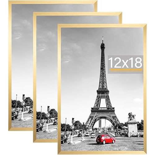 kennethan 12x18 Picture Frame Set of 3, Gold Wall Gallery Poster Frames, Horizontal or Vertical Wall Mounting