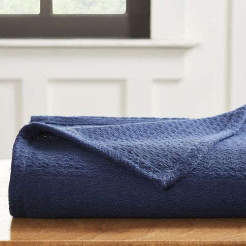 Waffle Weave Cotton Bed Blanket, Soft All-Season Bedding, Twin, Navy Blue - Blue Nile Mills