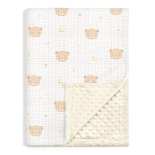 Bear Baby Blankets for Boys Girls, Soft Nursery Minky Blankets with Muslin and Dotted Fleece Back 30x40 inches, Receiving Bed Quilt for Newborn, Infants, Toddlers