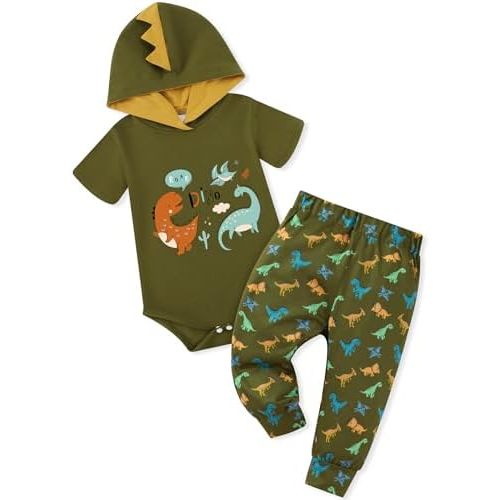 Newborn Boy Summer Outfits Animal Print Short Sleeve Romper with Hoodie & Pants Infant Clothing Set
