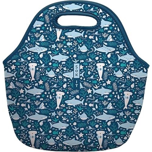 Sok It LunchTote Zippered Bag Insulated Neoprene Caddy (Happy Sharks, Large 4.5 Quart Lunch Tote)