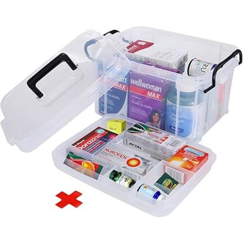15qt Clear Medicine Organizer Storage Box, Plastic First Aid Box Empty, Thickened Medicine Container Chest, Multipurpose Medical Case with Labels, Medicine Caddy with Lids