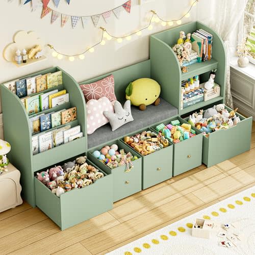 FOTOSOK Kids Bookshelf with Reading Nook, Toy Organizer with Seat Cushion | 71'' Kids Bookshelf with 2 Movable Drawers and 3 Fabric Toy Chests, Kids Reading Nook with Bench for Playroom, Green