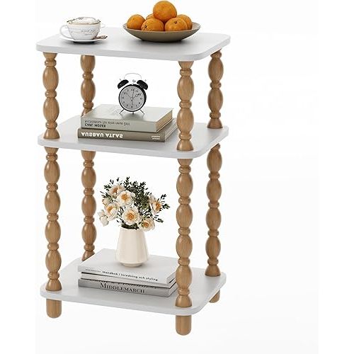 Small End Table, 3-Tier Farmhouse Side Table, Modern Accent Table, Narrow Couch Side Table for Small Spaces, Skinny Bedside Table Nightstand for Bedroom, Living Room(Rustic Walnut and White)