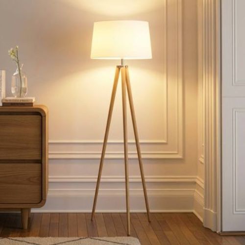 Brightech Emma Mid-Century (Includes LED Light Bulb) Tripod Floor Lamp Polished Natural Wood
