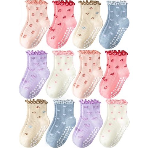 Baby Toddler Girls Socks Grip Ruffle Non Slip Kids Cotton 12 Pack Socks