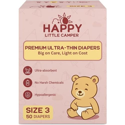 Happy Little Camper Premium Ultra-Thin Diapers, Size 3, 15-22 lbs, 50 Count | Ultra-Absorbent Disposable Baby Diapers for Sensitive Skin | Hypoallergenic, Fragrance-Free, Totally Chlorine Free