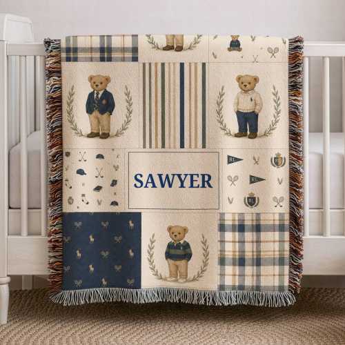 Preppy Teddy Bear Woven Baby Blanket, Personalized Baby Name Blanket, Classic Polo Inspired Nursery Blanket, Heirloom Woven Throw