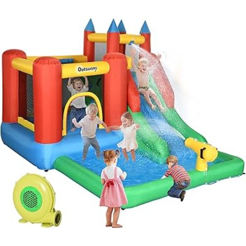 Outsunny 6-in-1 Kids Bounce House Inflatable Water Slide with Pool, Water Cannon, Climbing Wall, Inflator Included, Jumping Castle Kids Backyard Activity Outdoor Water Play Toy
