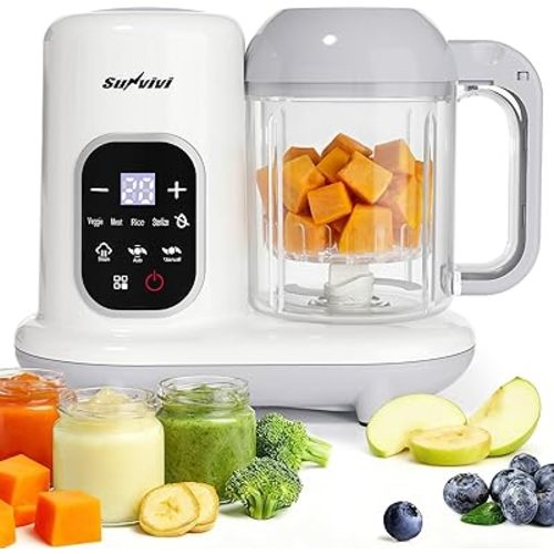 Sunvivi Baby Food Maker: All-in-one Baby Food Processor with Steam, Heating, Unfreeze, Blender, Electric Blender and Food Processor Combo with Self Clean LCD Display, Baby Food Steamer Grinder White