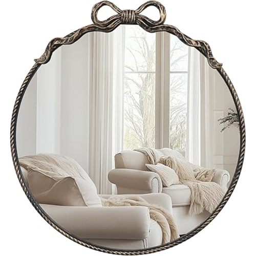 Bow Metal Round Mirror -24inch Elegant Wall-Mounted Vanity Decorative Mirror for Bedroom, Bathroom, Living Room,Vintage Black