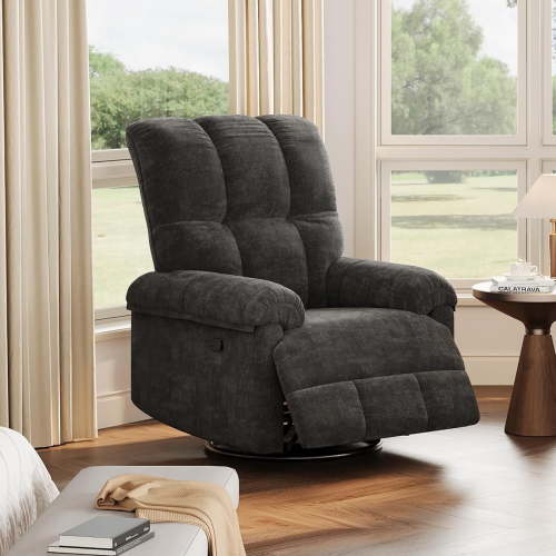 Black Oversized Chenille Swivel Rocker Recliner – 270° Rotating, Overstuffed Rocking Recliner Chair with Padded Armrests for Living Room, Nursery (350 lbs Capacity)