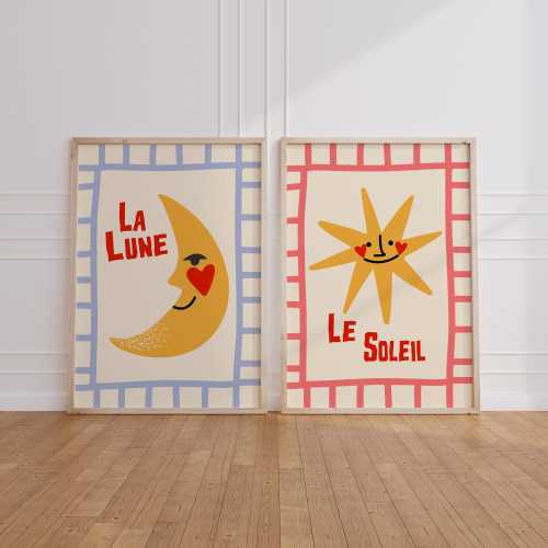 Boho Nursery Wall Art Set: Le Soleil & La Lune Prints (Digital Download
