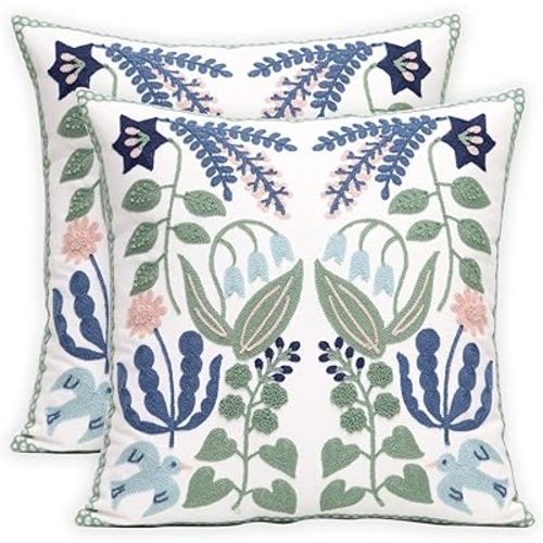 Pack of 2 Embroidered Decorative Throw Pillow Cover 18x18 Inch Farmhouse Floral Pillowcase for Living Room Sofa Bed (Bird Flower)