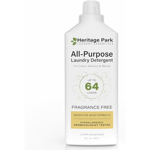 Heritage Park Luxury Laundry Detergent | Dermatologist Tested Plant based Natural & Enzyme Laundry Detergent | Sensitive Skin Friendly - Fragrance Free (32 fl oz)