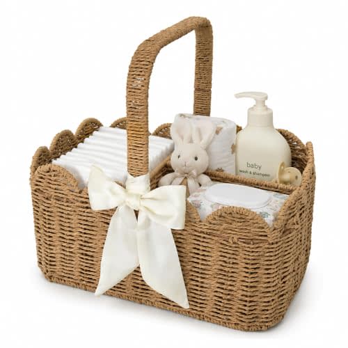 Diaper Caddy Organizer, Paper Rope Storage Baskets Nursery Bin with Removable Divider, Portable Car Organizer for Diapers, Baby Shower Gifts, Newborn Essentials Must Haves (Single Handle)