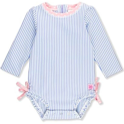 RuffleButts Baby Girls Seersucker Rash Guard - One Piece Swimsuit UPF 50+