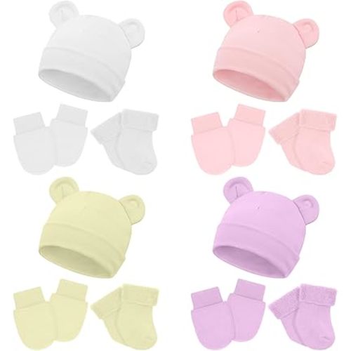 Cuffbow 4 Pcs Preemie Hats Mittens and Socks Set Preemie Mittens Warm Terry Socks for Baby