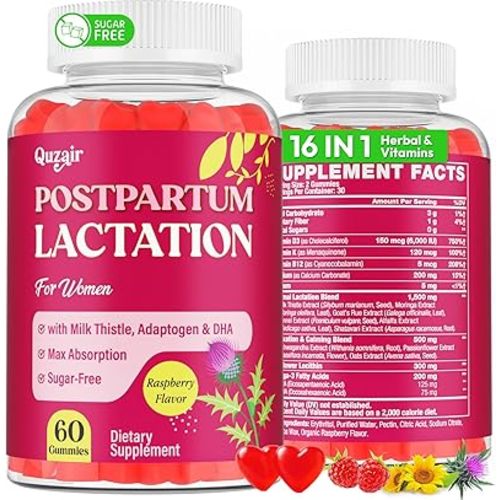 Lactation Supplement, Postpartum Lactation Support Gummies for Breastfeeding, with Milk Thistle and Postnatal Vitamins As Breast Milk Supply Booster, Recovery, Hair Growth, 60 Count Sugar Free & Vegan