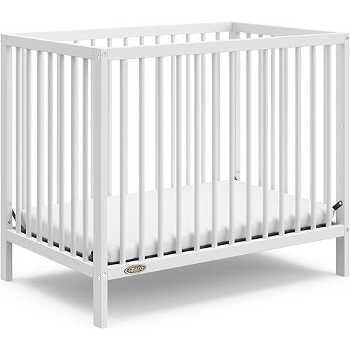 Graco Teddi 4-in-1 Convertible Mini Crib with Bonus Water-Resistant Mattress (White) – GREENGUARD Gold Certified, 2.75-Inch Mattress Included, Convenient Size, Easy 30-Minute Assembly