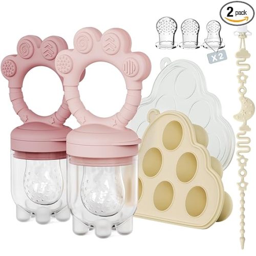 2 Pack Baby Fruit Food Feeder+Breastmilk Popsicle Molds,Baby Teethers,BPA Free,2mm Fine Holes to Prevent Choking,Perfect for Teething Relief & Infant Solid Food Introduction,3M+(Mauve Pink, Soft Pink)