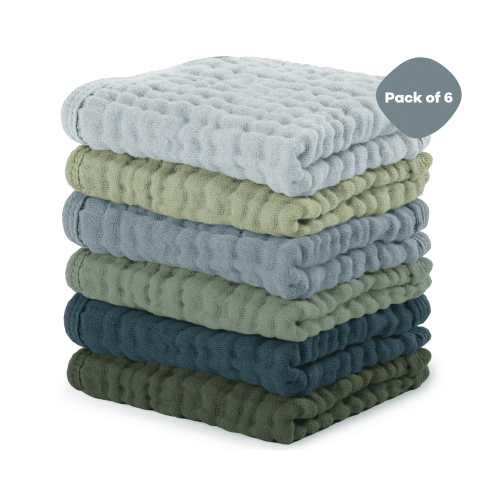 Comfy Cubs Baby Washcloths, Muslin Cotton Baby Towels, Large 10”x10” Wash Cloths (Multi Boy, Pack of 6)
