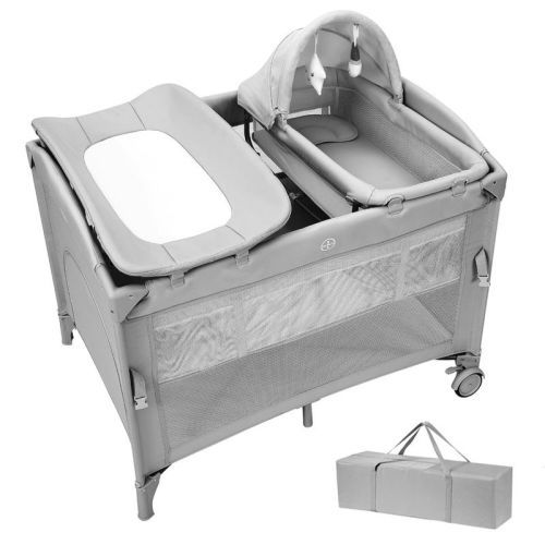 5-in-1 Pack and Play, Baby Bedside Sleeper with Bassinet, Portable Crib, Diaper Changer, Playard and Hanging Toy, Nursery Center, Toddlers