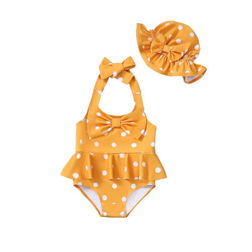 KIMI BEAR Newborn Baby Girls One-piece Swimsuits 0-3 Months Summer Bathing Suits Off the Shoulder Sleeveless Halter Bow Dots Beach Wear Holiday Rash Guard with Headband 2pcs Yellow