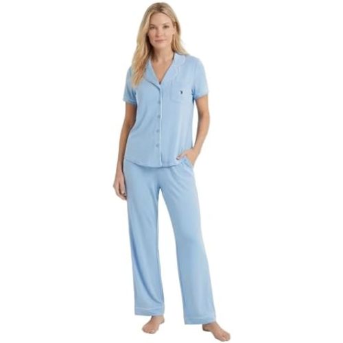 U.S. POLO ASSN. Womens Pajama Sets 2 Piece Button Down Short Sleeve Top & Long Pants with Pockets