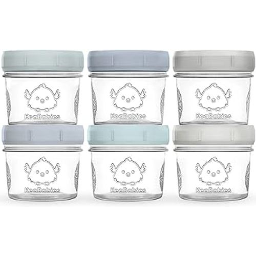 KeaBabies 6pk 4oz Glass Baby Food Containers with Lids - Leak-Proof, Microwavable Small Glass Jars, Baby Purees & Toddler Snack Storage Containers, BPA-Free, Dishwasher & Freezer Safe(Slate)