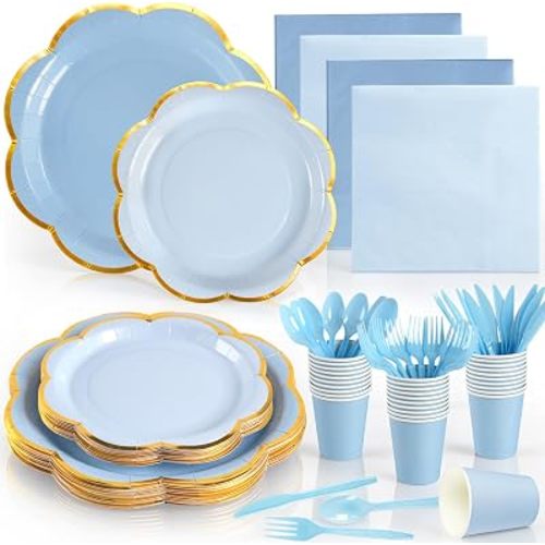 168Pcs Blue Paper Plates and Napkins Party Supplies, Scalloped Party Plates Cups Napkins Set, Light Blue Disposable Plates with Gold Rim for Graduation Party Birthday Baby Shower Gender Reveal Picnic