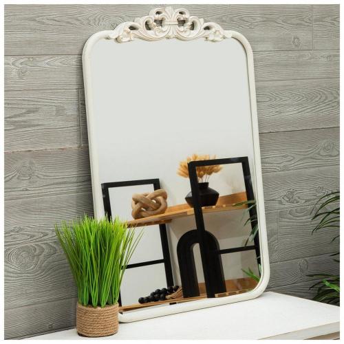 Distressed White Baroque Wood Wall Mirror