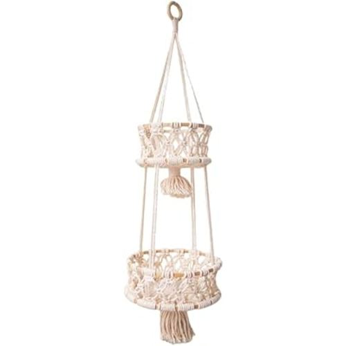 Alipis Macrame Plant Hanger Macrame Hanging Fruit Basket 2 Tier Woven Cotton Rope Storage Baskets Hanging Plant Holder for Vegetable Storage