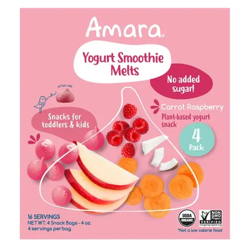 Amara Organic Yogurt Smoothie Carrot Raspberry Melts, 4 (1 oz) bag per box | Costco