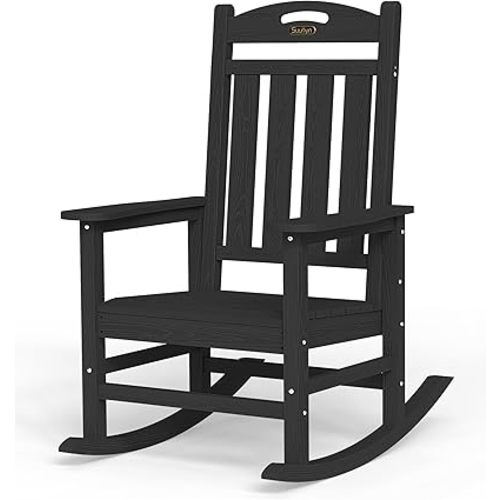 Oversized Outdoor Rocking Chair, High Back Porch Rocker Chair, HDPE All Weather Resistant Rocking Chairs for Patio, 380lbs Weight Capacity, Black