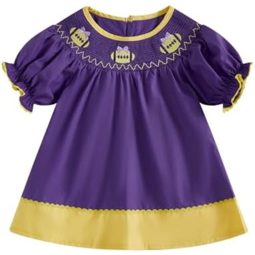 Toddler Girl Football Dress Rugby Bow Embroidery Color Block Short Puff Sleeve Smocked Dress Infant Fall Dresses