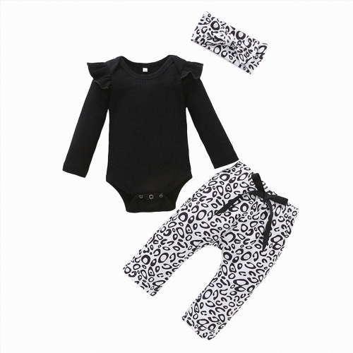 TOWED22 Newborn Baby Girl Fall Winter Clothes 3-Piece Outfits Set Long Sleeve Round Neck Bodysuit Romper Ribbed Pants Headband Set(Black,0-3 M)