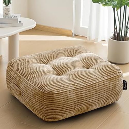 HIGOGOGO 8" Extra Thick Floor Pillow Cushion for Adults, Meditation Cushion Pillow, Large Square Floor Sitting, Tufted Corduroy Cover, for Tatami Living Room or Yoga, 22x22 Inch, Coffee