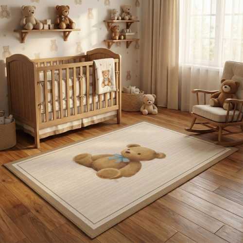 Teddy Bear Nursery Rug | Blue Bow Stripe Baby Room Carpet | Soft Kids Playroom Floor Mat | Classic Bear First Birthday Gift Toddler Area Rug