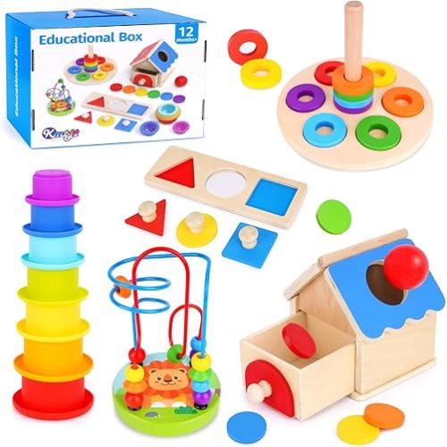 Montessori Educational Toys for 1+ Year Old Toddler, 1st First Birthday Gifts for 1-2 Years, (Includes Stacking Cups, 2 in 1 Object Permanence Box, Bead Maze, Mirror Puzzle and More)