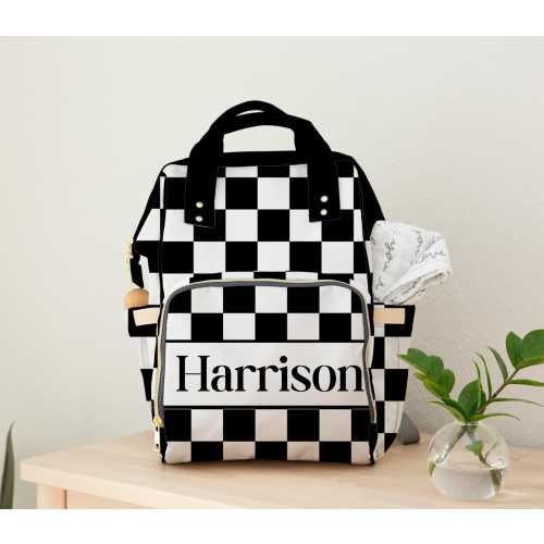 Checkered Diaper Bag Backpack: Custom Baby Name, Unisex Design