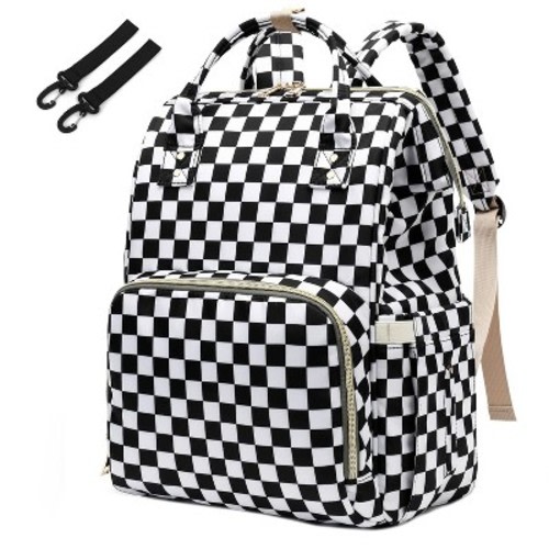 Itopfox Checkered Waterproof Diaper Backpack for Baby Girls and Moms, Large Nappy Bag with Insulated Bottle Pockets