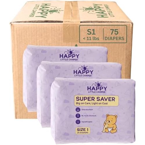 Happy Little Camper Diapers, Size 2, 75 Ct, Totally Chlorine Free (TCF) | Soft, Secure & Absorbent with Up to 12-Hour Leak Protection for Day & Night