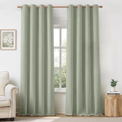 HOMEIDEAS 100% Blackout Sage Green Linen Curtains 52W x 96L 2 Panels
