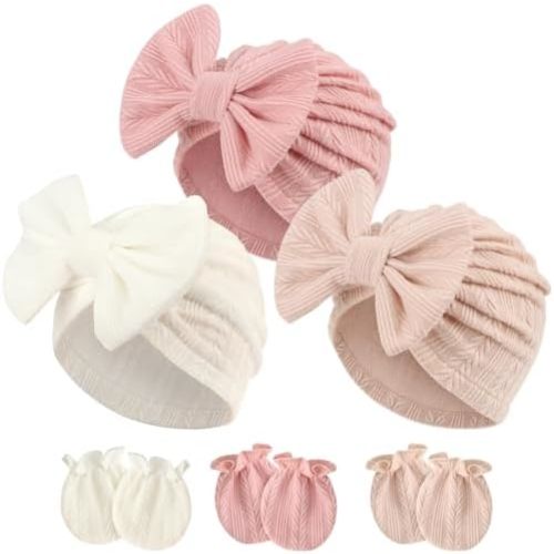 BQUBO Newborn Girls Hats Baby Hat and Mittens Set Infant Caps Bow Hospital Beanie with No Scratch Mittens for Baby Boys Girls