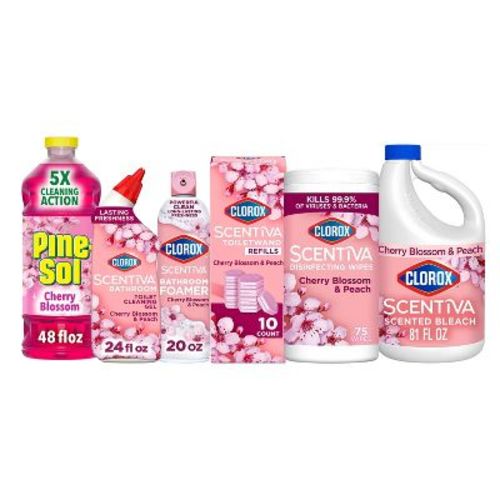 Clorox 24oz Toilet Bowl Cleaner Cherry Blossom Peach + 20oz Bathroom Foamer + 75ct Wipes + 10ct ToiletWand Refill + 81oz Bleach + Pine-Sol 48ozCleaner
