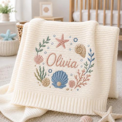 Custom Ocean Shell Embroidered Knit Baby Blanket, Personalized Under the Sea Name Blanket, Coastal Nursery Decor, Baby Shower Gift