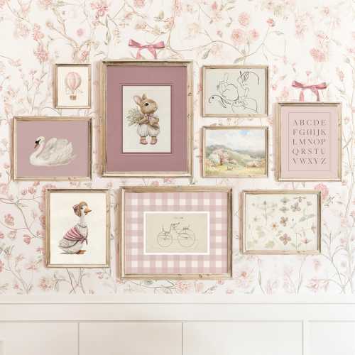 Pink Nursery Art Set: Vintage Kids Room Decor (Digital Download)